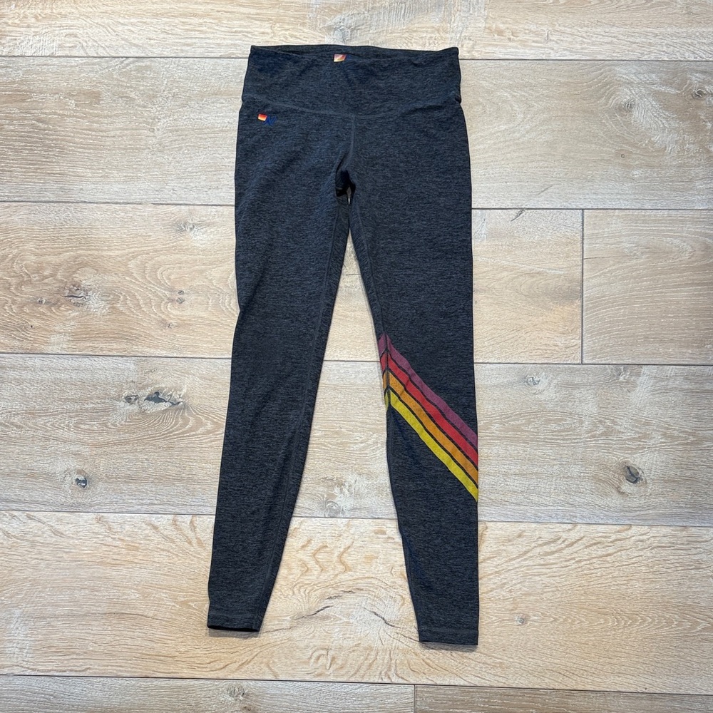 Aviator Nation Charcoal Leggings with Red, Pink & Yellow Stripes